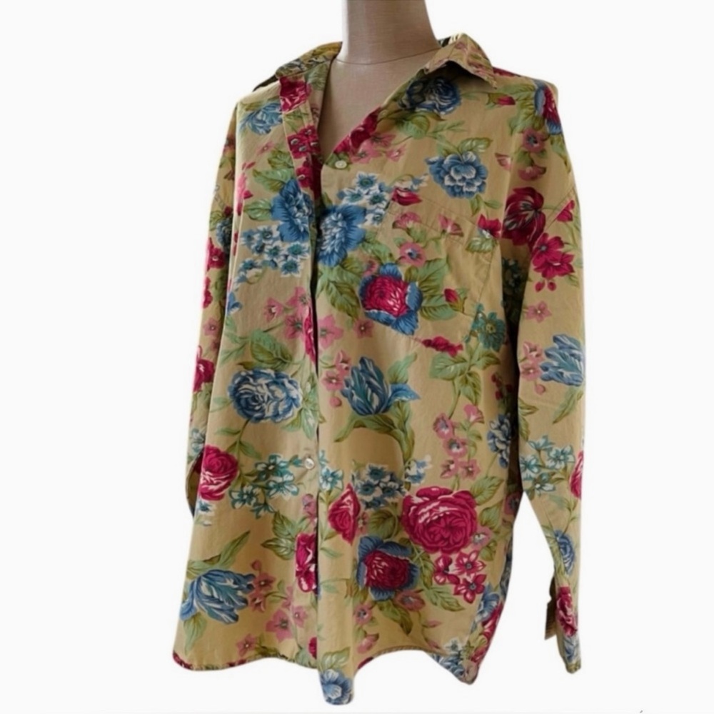 Vintage GAP Button Down Shirt Boho Cottagecore Floral Golden Yellow Red Large